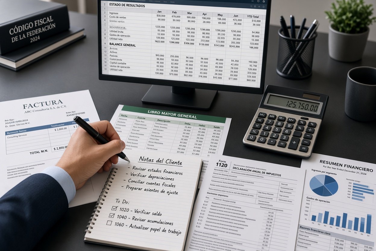 Persona firmando documentos contables con calculadora, representando servicios de asesoría para PYMES